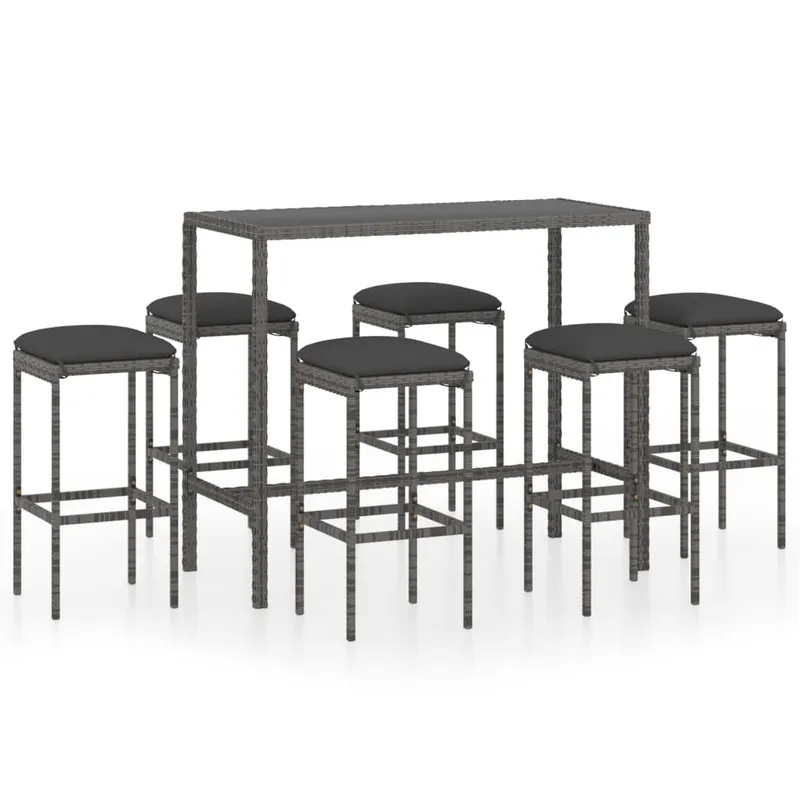 Set muebles bar jardín 7 piezas y cojines ratán sintético gris