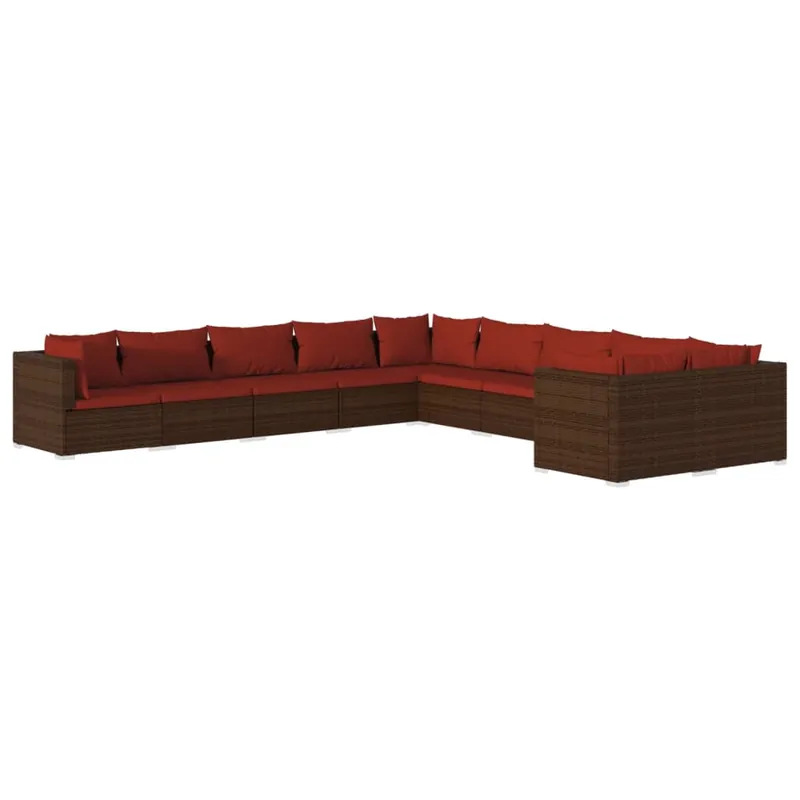 Set muebles de jardín 10 piezas cojines ratán sintético marrón