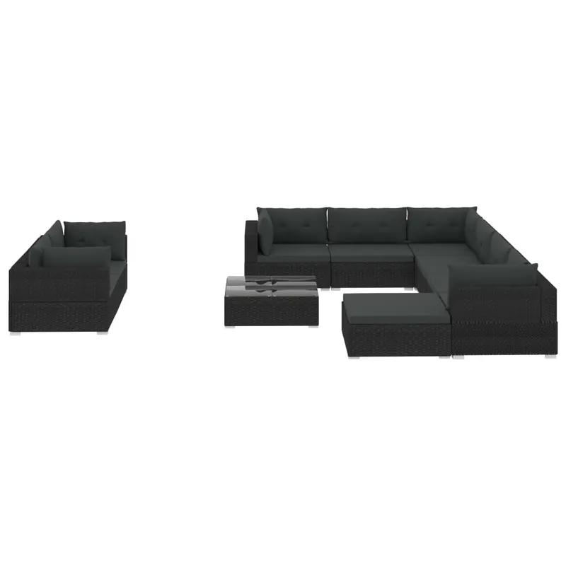 Set muebles de jardín 10 piezas y cojines ratán sintético negro