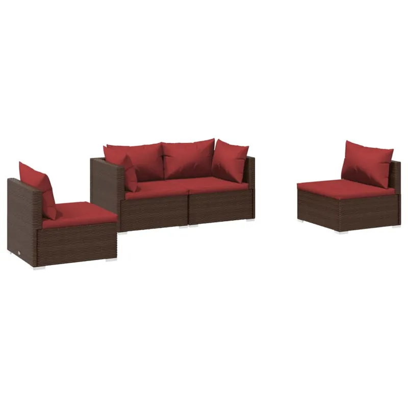 Set muebles de jardín 4 piezas y cojines ratán sintético marrón