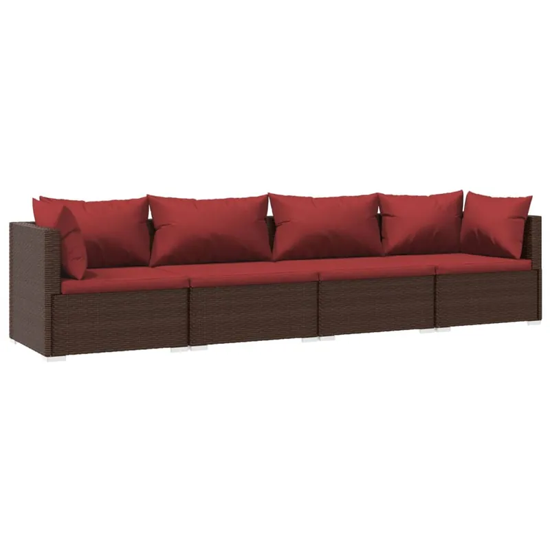 Set muebles de jardín 4 piezas y cojines ratán sintético marrón