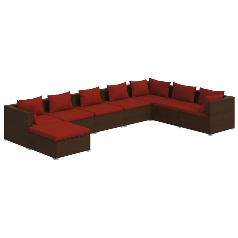 Set muebles de jardín 8 piezas y cojines ratán sintético marrón