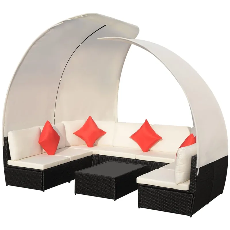 Set muebles de jardín 9 pzas con toldos ratán sintético negro
