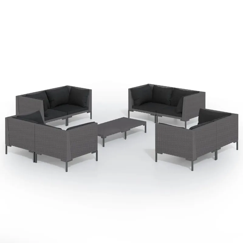Set muebles jardín 9 pzas y cojines ratán sintético gris oscuro