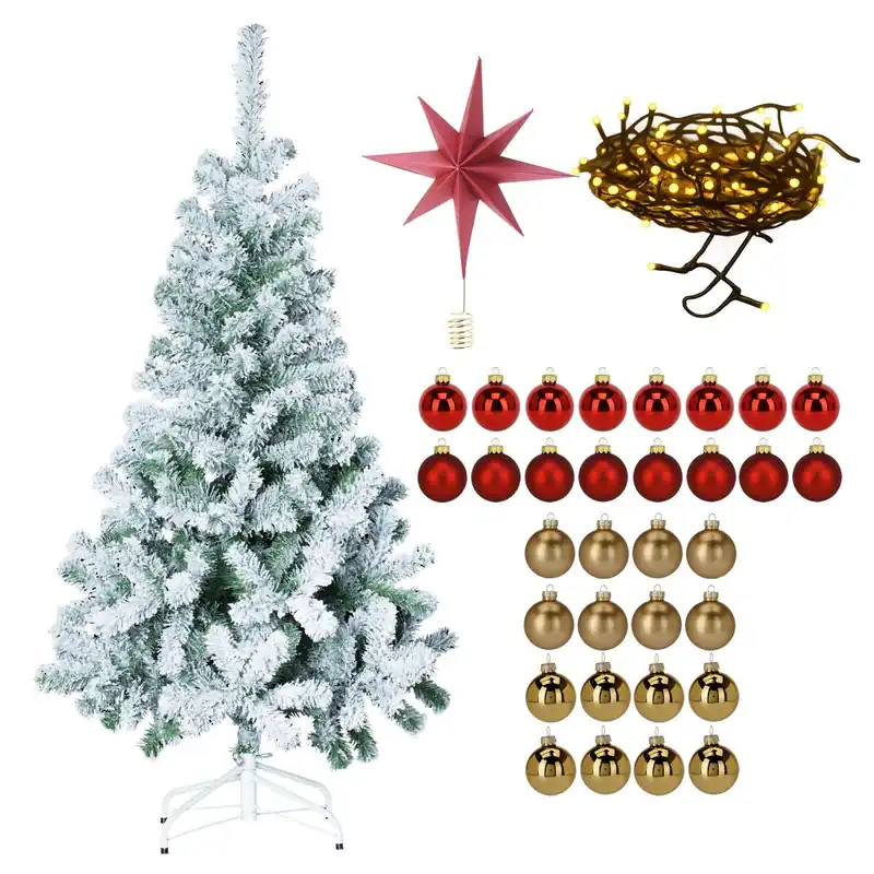 Well Home Set Navideño de Árbol Nevado de 180cm con Estrella de Papel roja 30cm + Guirnalda de 80 LED y 32 Bolas decorativas doradas y rojas - Decoración