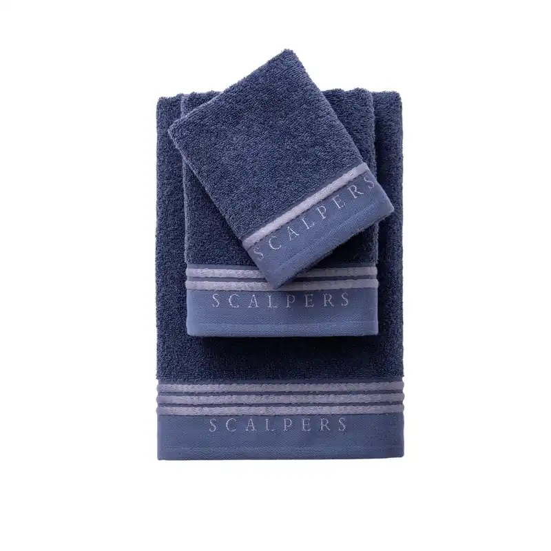Set toallas baño (tocador 30x50cm + manos 50x90cm + baño 70x140cm) 450GSM en algodón Azul con gris Scalpers Home - Textil