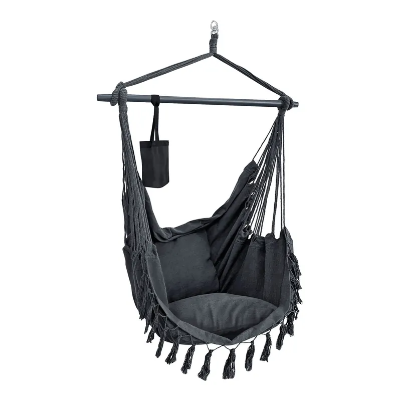 Silla colgante Aranga con cuerdas y 2 cojines 150 x 120 x 170 cm gris oscuro [en.casa] - Jardín