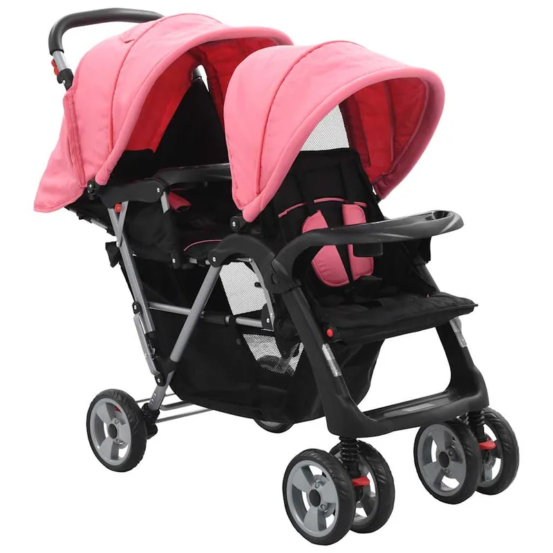 vidaXL Carrito para 2 niños tandem de acero rosa y negro - Bebé