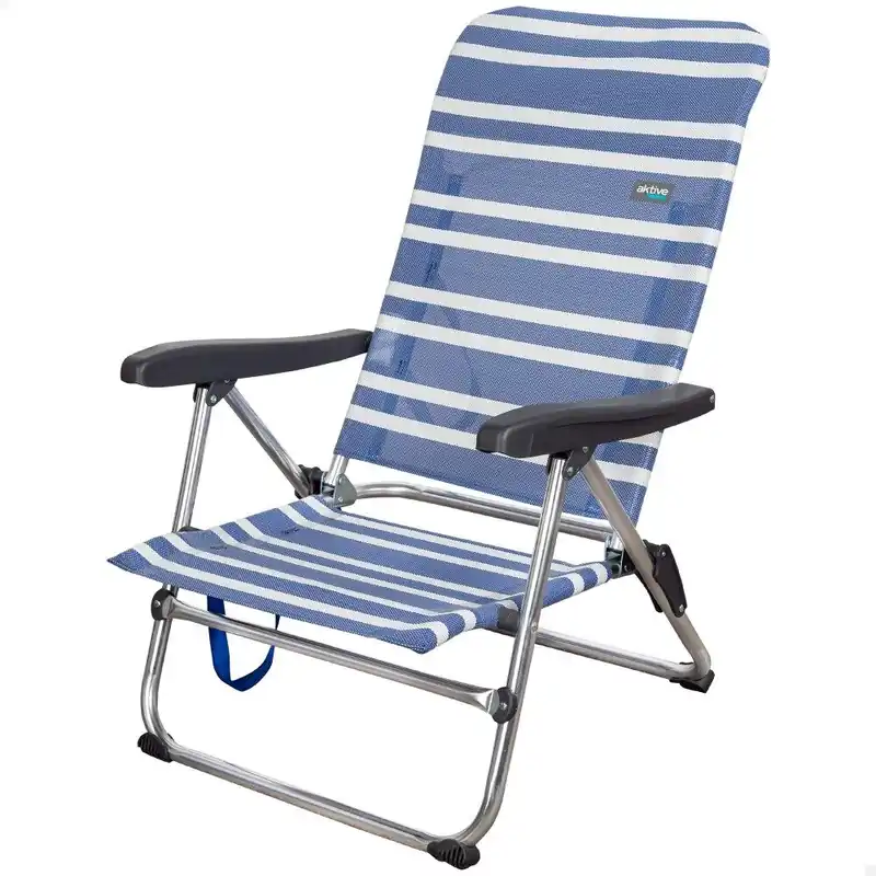 Silla playa plegable baja 5 posiciones a rayas azules y grises Aktive - Jardín