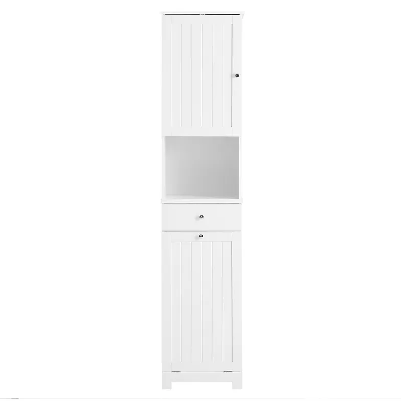 SoBuy Mueble Baño Columna Baño Estrecho con Cesto Ropa Armario Alto para Pequeños 40x38x180cm con Cajón, Compartimento Abierto y Estante Ajustable Mueble Auxiliar BZR216-W