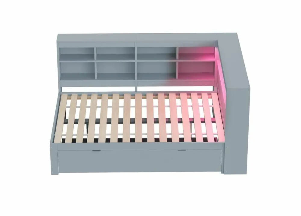 Sofá cama doble de madera maciza en color gris 140*200cm, con cajones, toma USB y tira de luz LED ANDRAD - Descanso