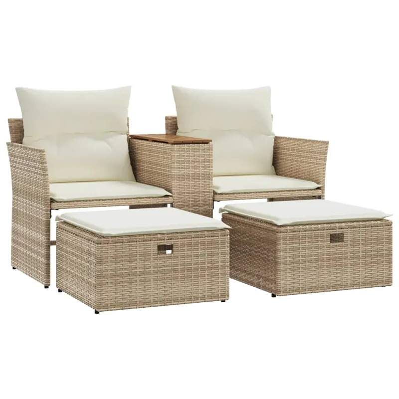 vidaXL Sofá de jardín 2 plazas con toldo y taburetes ratán PE negro - Sofás sillones puffs