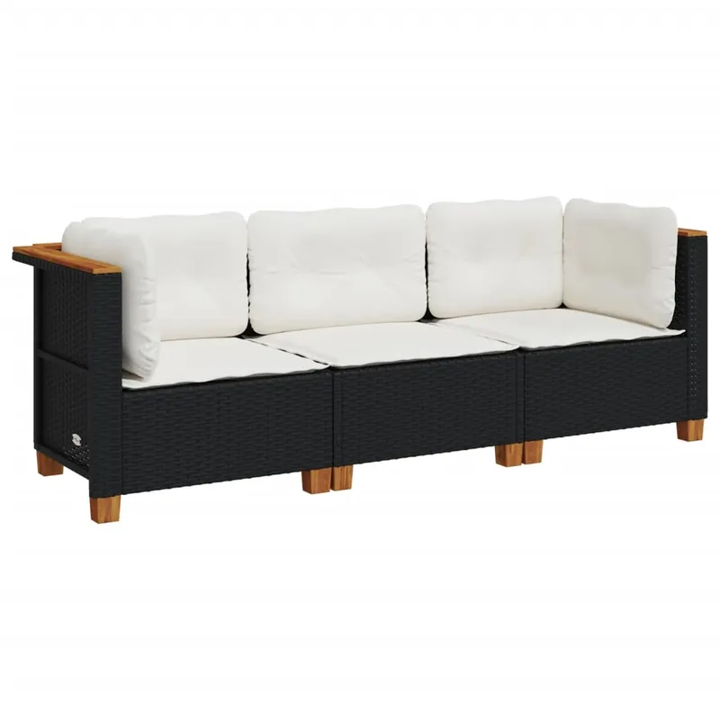 vidaXL Sofá de jardín de 3 plazas con cojines ratán sintético negro - Sofás sillones puffs