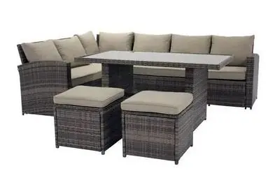 Sofa Rinconera + Mesa + 2 puffs de Ratan PE. Muebles de Jardin y Terraza, Gris - Jardín