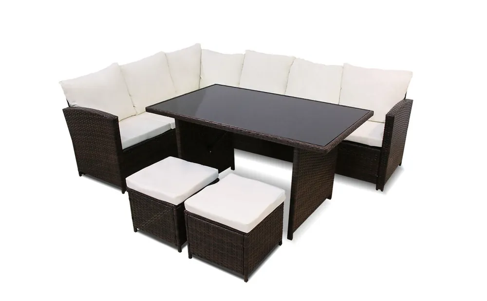 Sofa Rinconera + Mesa + 2 puffs de Ratan PE. Muebles de Jardin y Terraza - Jardín