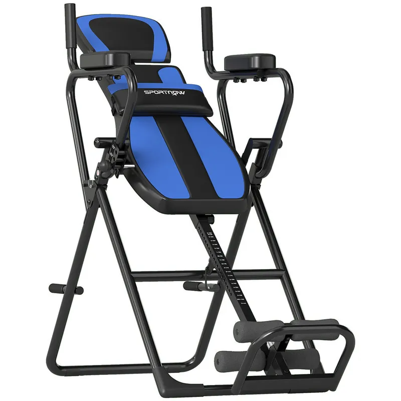SPORTNOW Tabla de Inversión Plegable 3 en 1 con Dominadas y Flexiones Reposacabezas Altura Ajustable 155-198 cm Ángulos 20° 40° 60° Banco de Inversión con Soporte Lumbar Tobillo Bloqueo Cinturón Azul