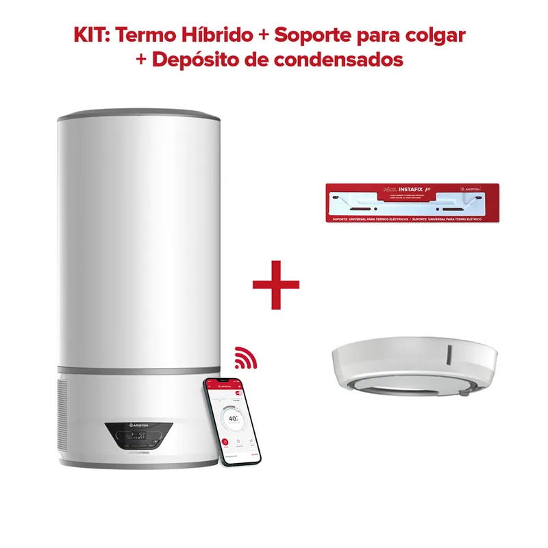 Termo eléctrico con Aerotermia, Ariston, Lydos Hybrid Wifi 80L + Depósito de Condensados + Soporte de pared Instafix, Clase Energetica A - Electrodomésticos