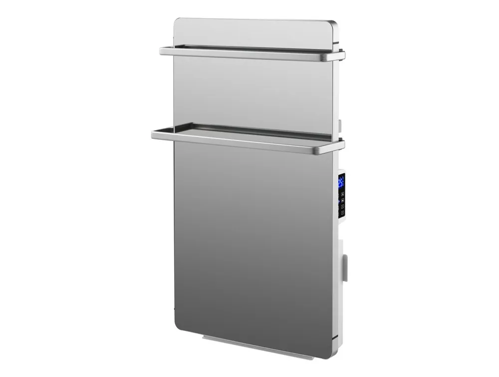 Toallero eléctrico fabricado en cristal templado efecto espejo que actúa como secador de toallas. calentador de prendas y sistema de calefacción. - Baño