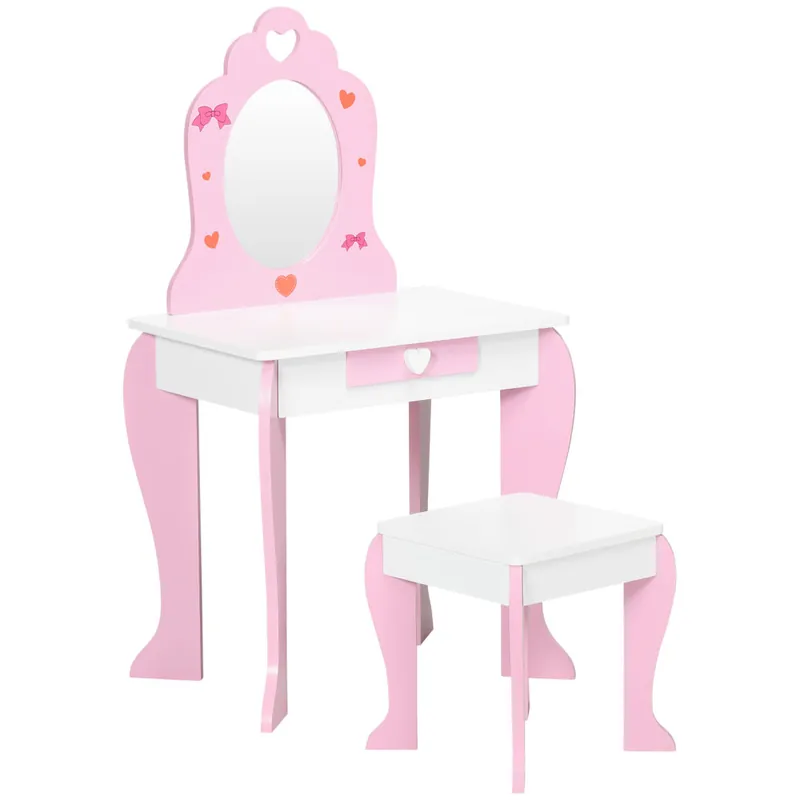 ZONEKIZ Tocador Infantil de Madera Tocador para Niñas con Taburete y Espejo Tocador de Maquillaje para Niñas de 3-6 Años con Cajón 50x36,5x89,5 cm Rosa