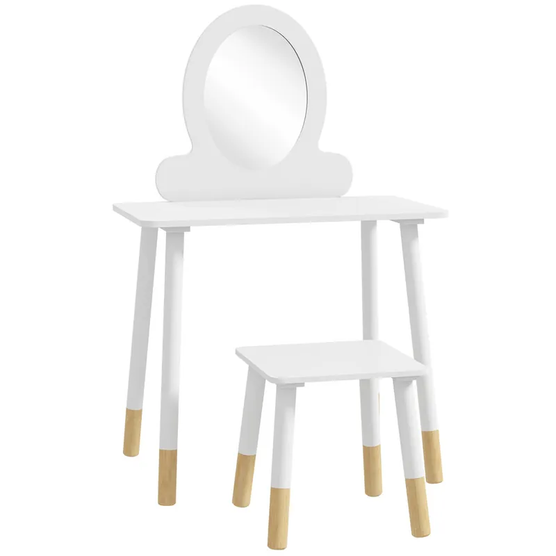 AIYAPLAY Tocador para Niñas con Taburete Tocador de Maquillaje Infantil para Niñas de +3 Años con Espejo Diseño Sencillo Blanco - Muebles
