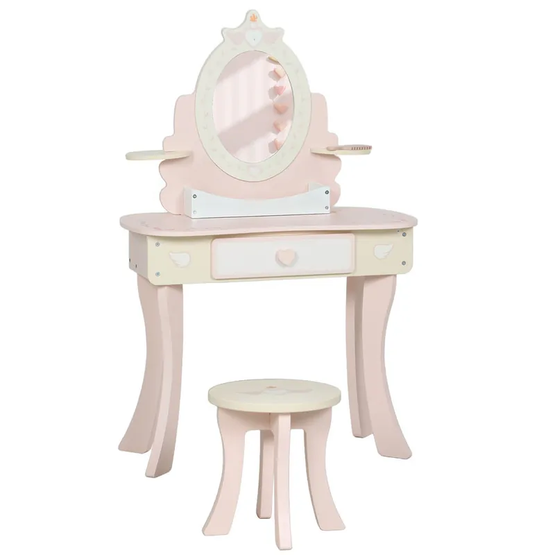 AIYAPLAY Tocador para Niñas, Tocador de Maquillaje Niñas, 2 en 1, Escritorio, con Taburete, Espejo, Cajón, 7 Accesorios, a Partir de 3 Años, Rosa - Muebles
