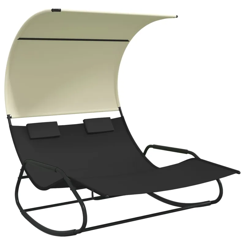 Tumbona tumbona tumbona cama de jardín terraza doble mecedora muebles de exterior con toldo negro y crema 02_0012766