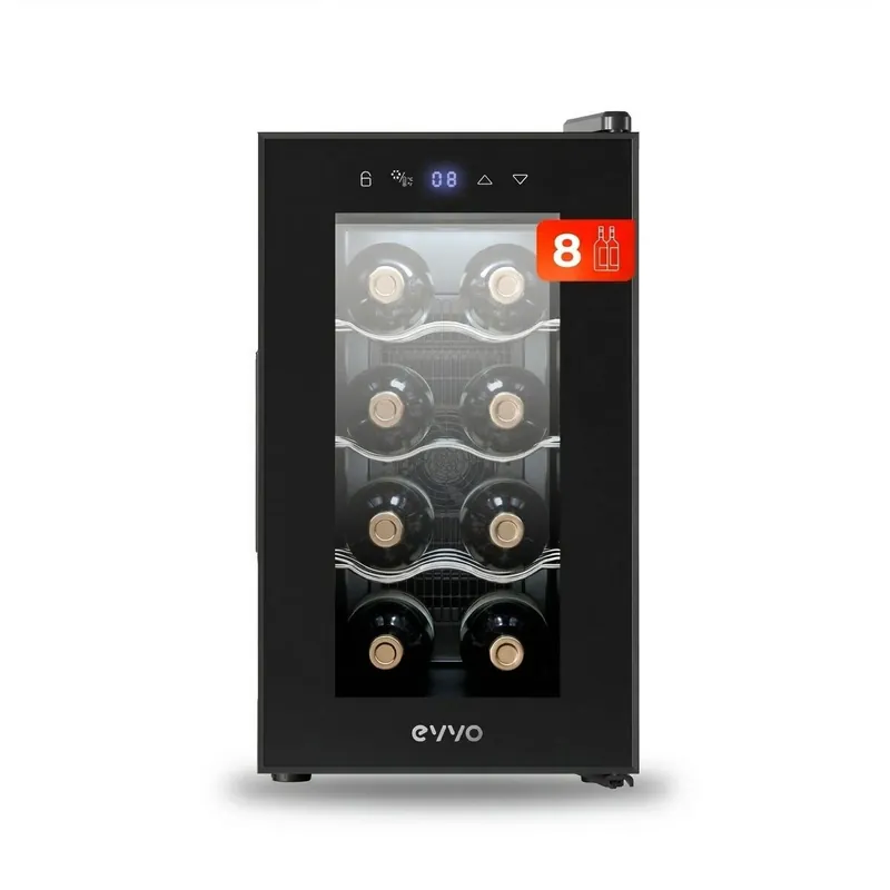 EVVO Vinoteca para 8 botellas VT8, termoeléctrico, 8-18ºC regulable, muy silencioso 35 dB, pantalla táctil, diplay LED, luz interior