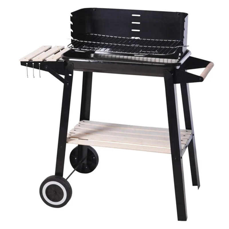 Well Home Barbacoa de Carbón Rectangular con Estantes de Madera FSC con Parrilla Cromada 45x24 cm - Barbacoa de Jardín con Cortavientos y Ruedas