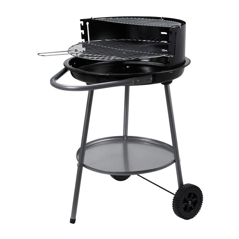 Well Home Barbacoa de Carbón Redonda Ø51 cm con Ruedas y Cortavientos - Parrilla Doble de Cocción - con Cuba Esmaltada y Asa