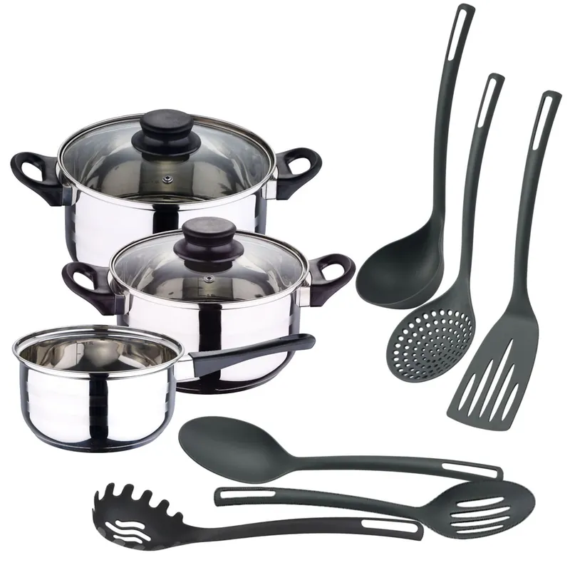 Well Home Juego de Batería de cocina de 5Pc en acero inoxidable + 6 Utensilios básicos de cocina en PBT negro