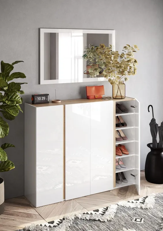 Zapatero BOLONIA 4 puertas blanco lacado y roble - Muebles