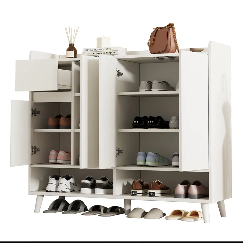 Zapatero de panel de partículas con 4 puertas,natural+blanco - Muebles
