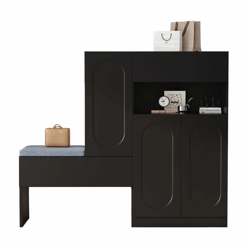 Zapatero 130x35x110 cm - 2 en 1, puertas curvadas, con sistema Soft-Close, estantes ajustables y banco acolchado - Negro
