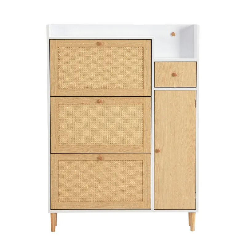 Zapatero de madera y ratán - 3 puertas abatibles y 1 cajón - estante regulable - Natural y Blanco