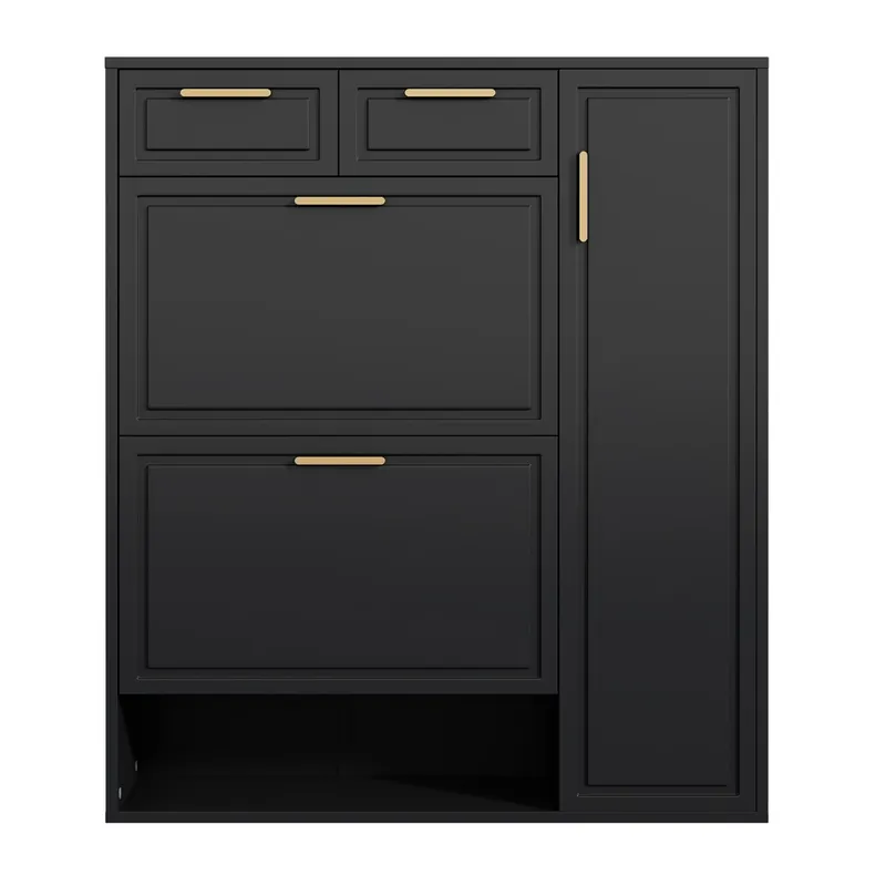 Zapatero moderno 95x24x107 cm - con estantes ajustables, asas doradas, cajones y puertas - Negro