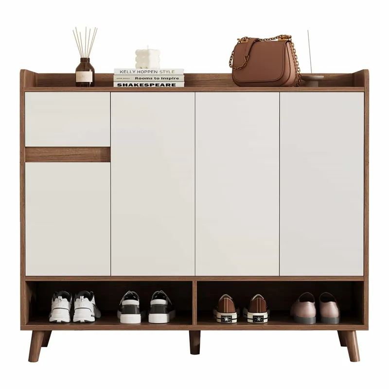 Zapatero 120x35x99 cm - 4 puertas, 1 cajón, estante ajustable - Blanco+Natural