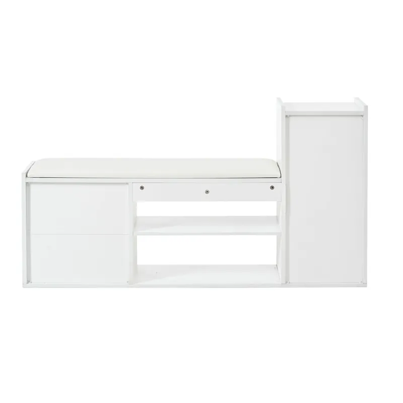 Zapatero 128x30x68 cm - 2 cajones, 1 puerta, asiento acolchado y almacenamiento - Blanco