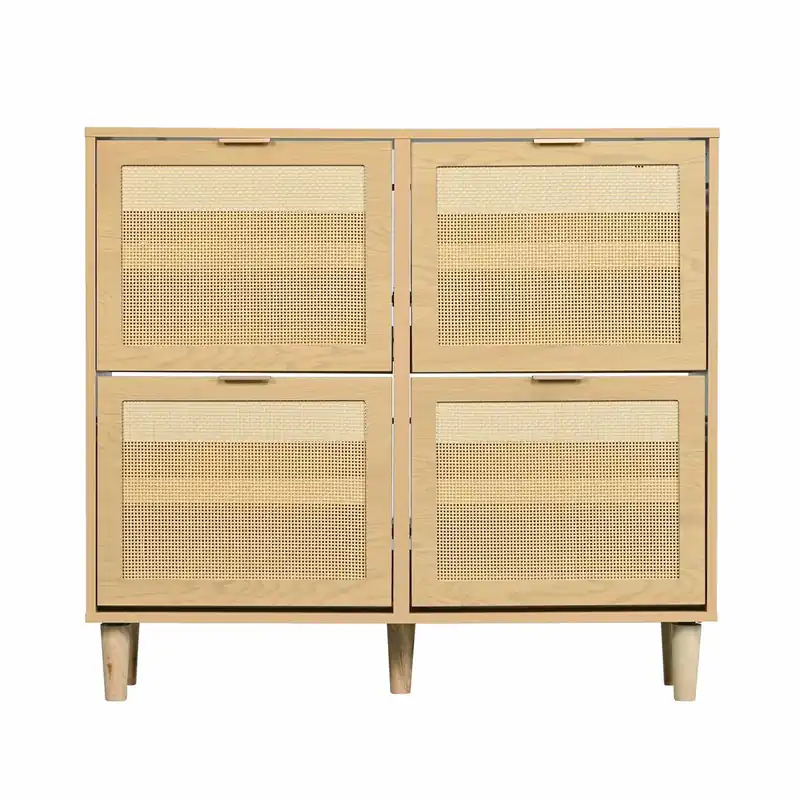 Zapatero de madera y ratán - 4 puertas abatibles - Natural