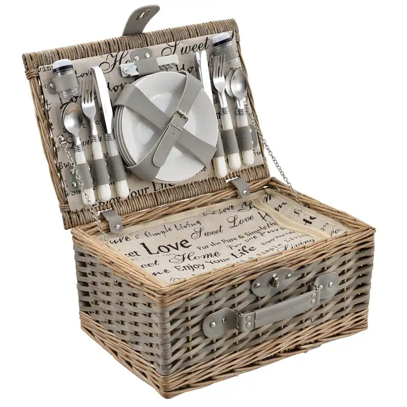 [casa.pro] Cesta de pícnic para 4 personas con nevera, cubiertos, platos, vasos - gris