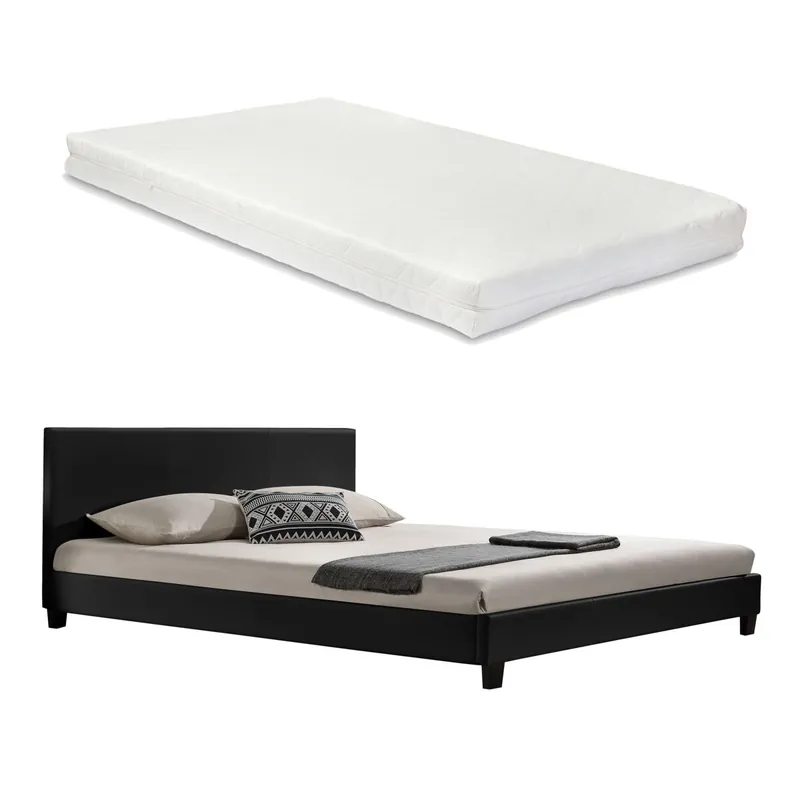 [Corium] Cama Albacete cuero sintético moderna - con colchón de espuma fría (160 x 200) (negro)