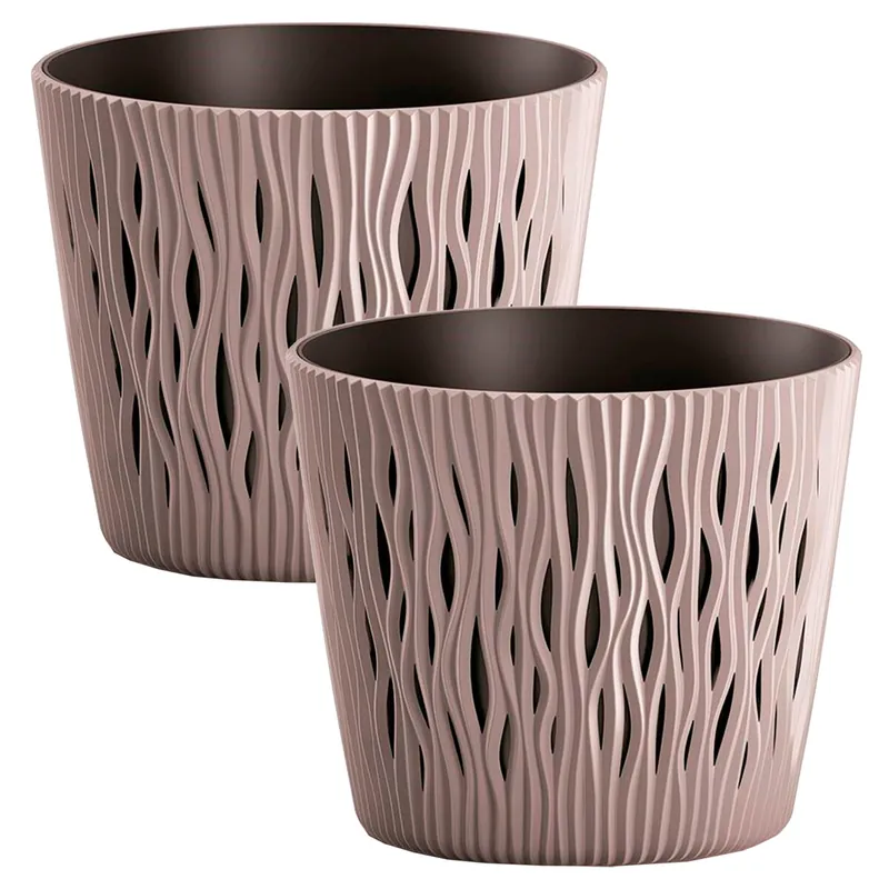 2x Maceta redonda de plastico Sandy Round en color mocca 22,5 (largo) x 22,5 (ancho) x 19,2 (alto) cm - Decoración