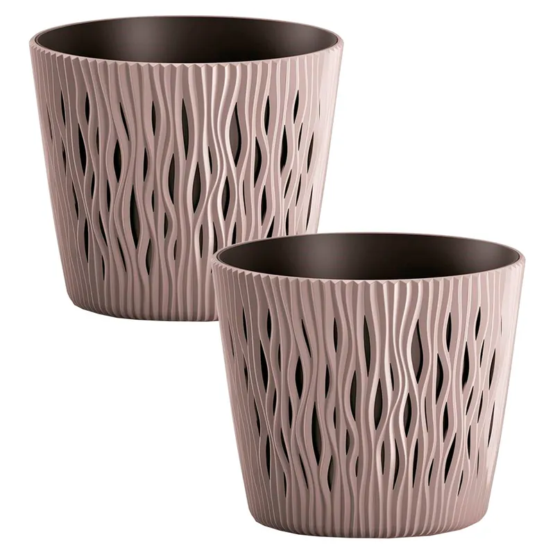 2x Maceta redonda de plastico Sandy Round en color mocca 15,8 (largo) x 15,8 (ancho) x 13,8 (alto) cm - Decoración