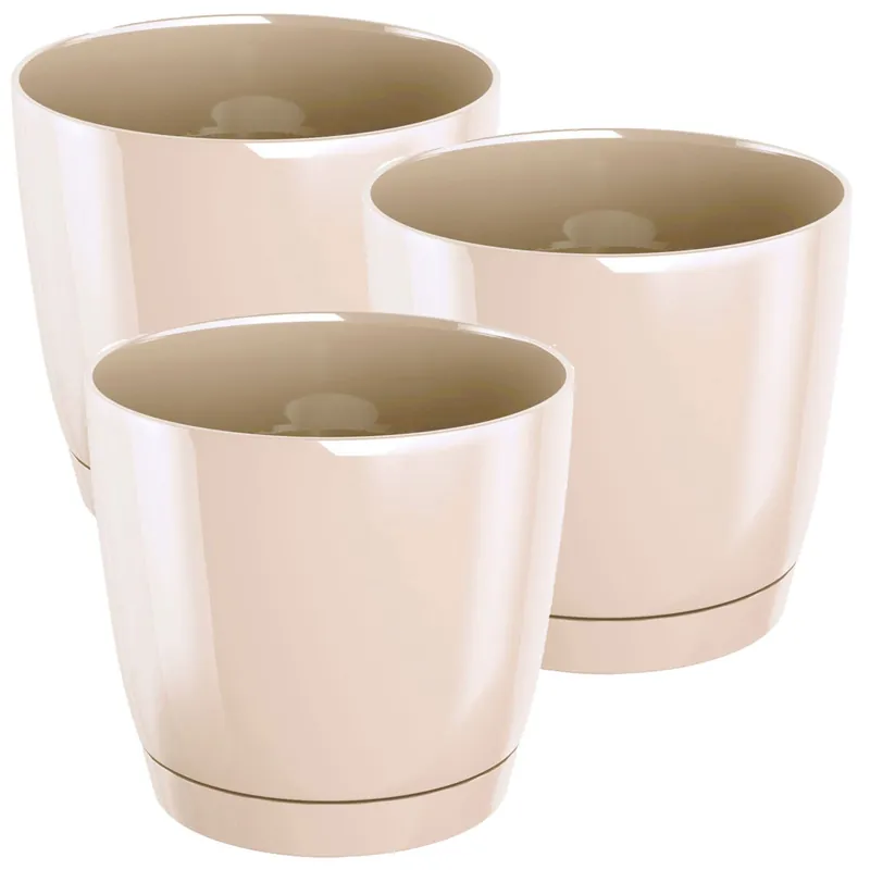 3x Maceta redonda de plastico Coubi Round P en color crema 12 (largo) x 12 (ancho) x 11 (altura) cm - Decoración