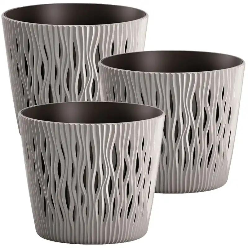 3x Maceta redonda de plastico Sandy Round en color gris 18,9 (largo) x 18,9 (ancho) x 16,5 (alto) cm - Decoración