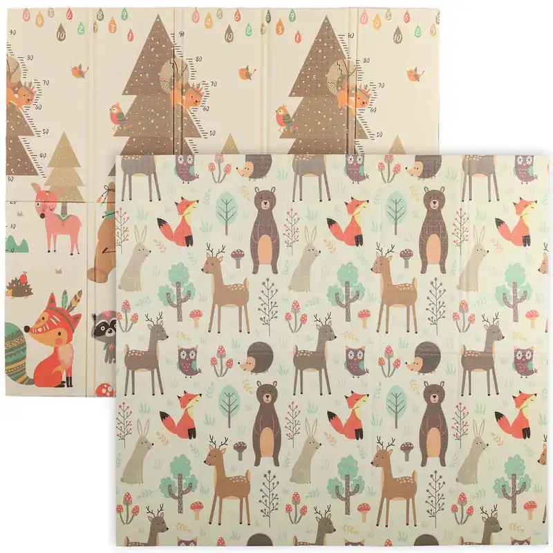 AIYAPLAY Alfombra Bebé Acolchada Plegable Reversible 196x176x1,5 cm Diseño de Bosque y Animales Tapete de Actividades Bebé XPE Doble Cara Impermeable Multicolor - Textil