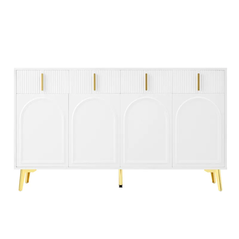 Aparador 140x37,8x82 cm - 4 puertas, 4 cajones, con laminado extraíble y patas doradas - Blanco