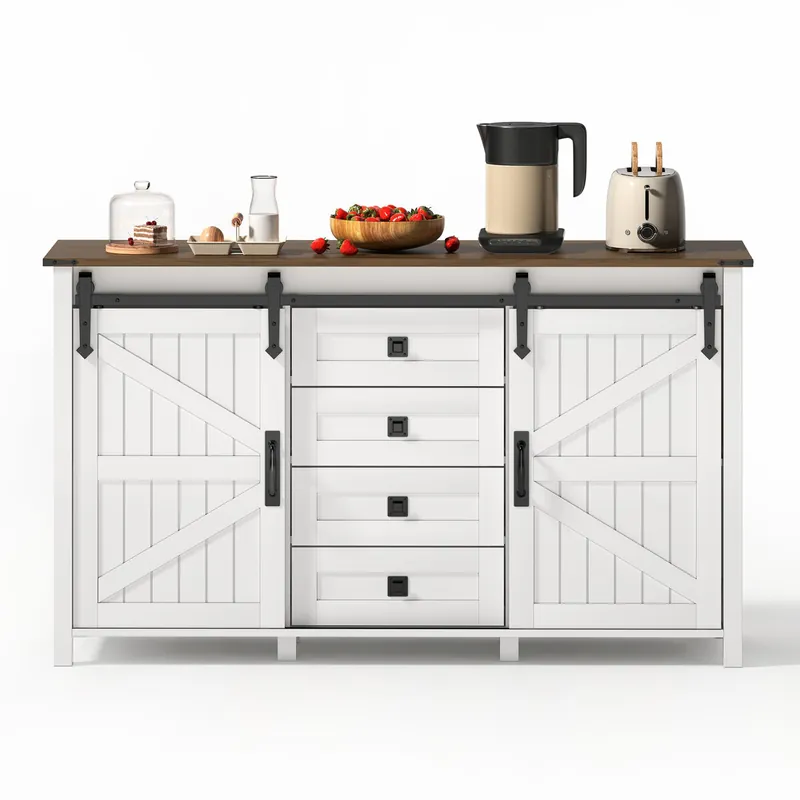 Aparador 137 cm - con puertas correderas y 4 cajones, estilo vintage, mueble de almacenamiento - blanco