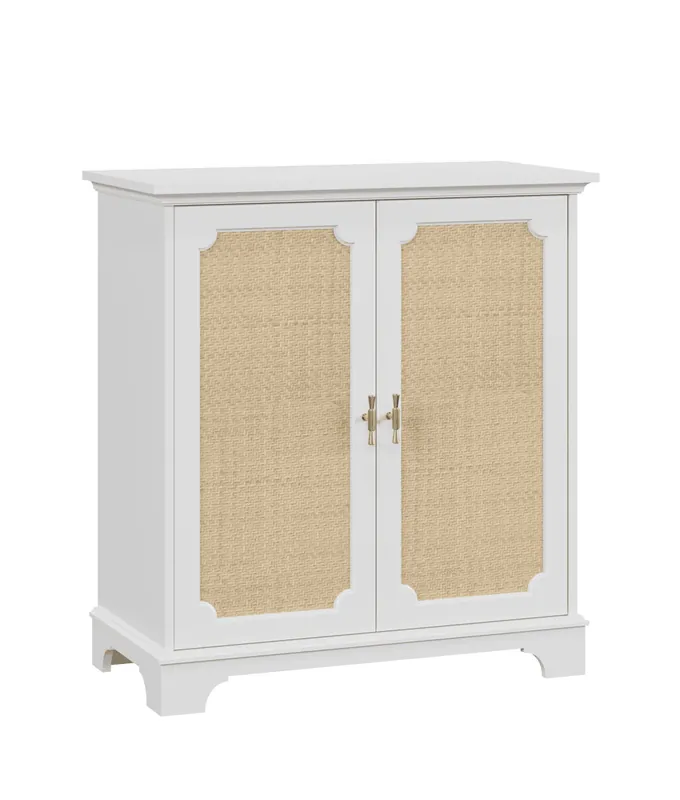 Aparador 120 cm - Puertas con decoración de ratán, buffet y mueble de entrada - Blanco