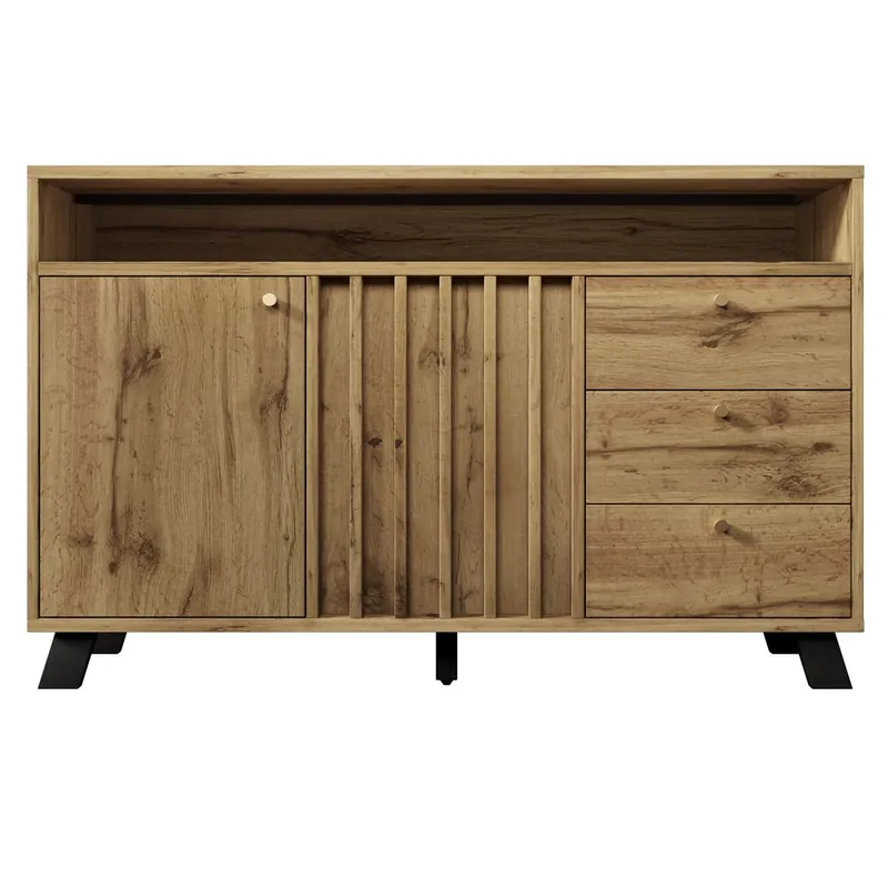 Aparador 120x40x85 cm - 3 cajones, 2 puertas, estante abierto, estilo vintage - Roble oscuro