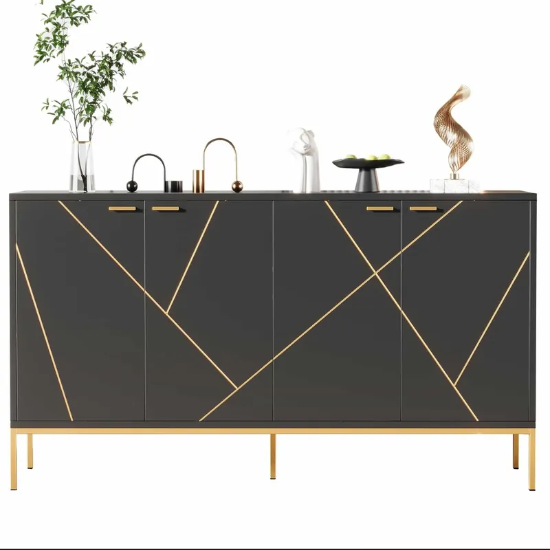 Aparador 150x40x80 cm - con 4 puertas, pies metálicos, diseño recto con decoración de líneas metálicas - Negro+Dorado